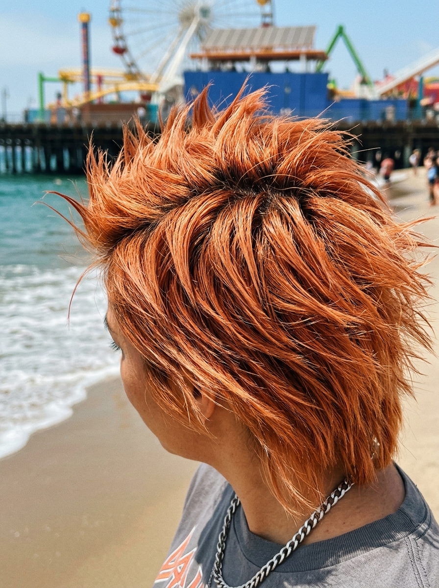 short edgy spikes with bright copper and subtle peach undertones, tapered sides for summer