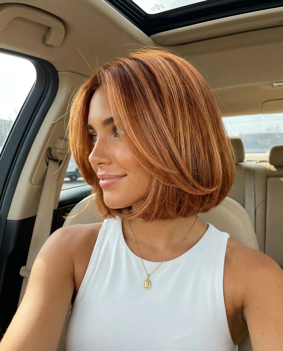 chin-length bob haircut with warm copper-red & golden strawberry highlights, point-cut ends, romantic mood