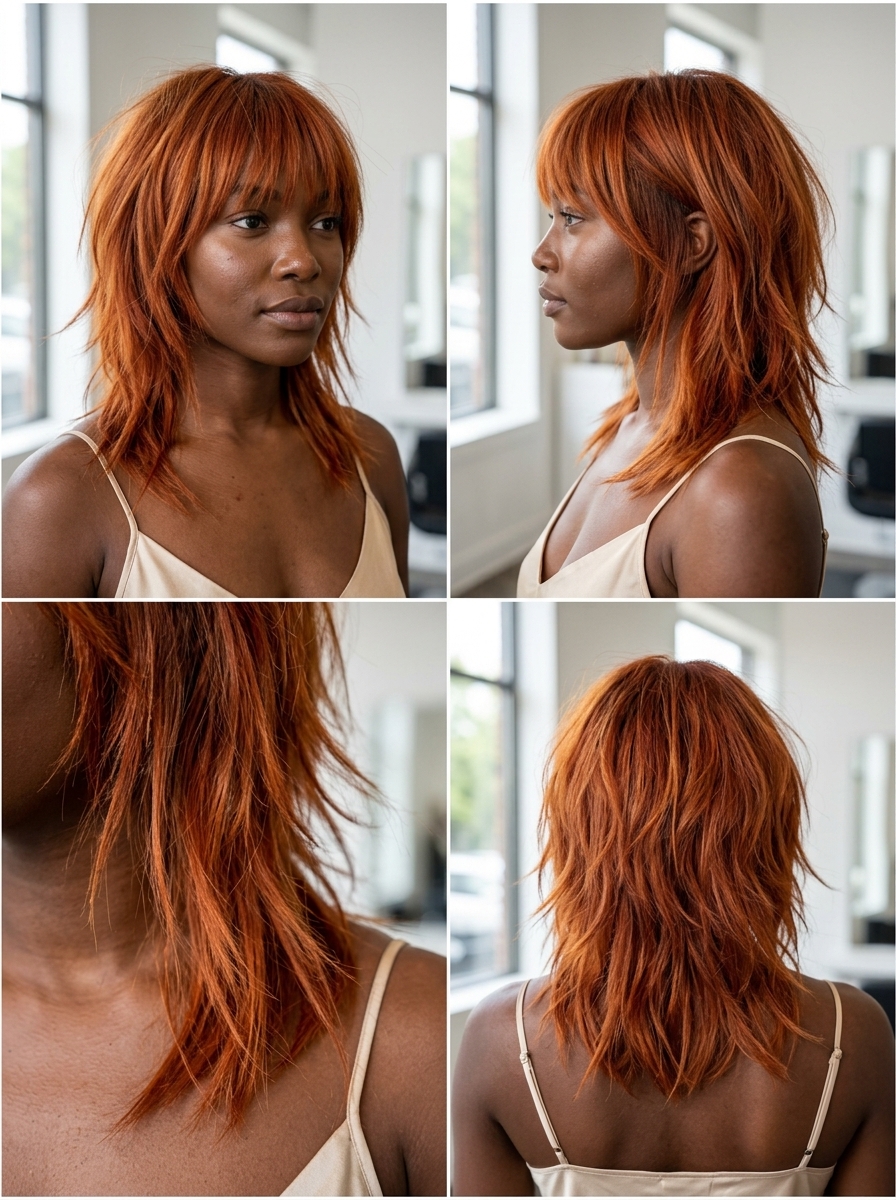 medium shag haircut in vibrant copper red with orange-red undertones, brow-skimming fringe for summer