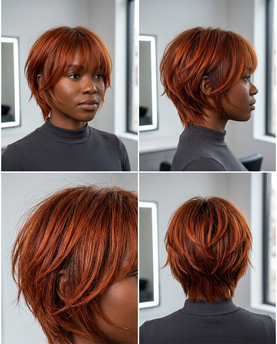 Retro Copper-Red Bixie Haircut 2026 short copper-red bixie haircut with shag layers and wispy fringe for summer 2026