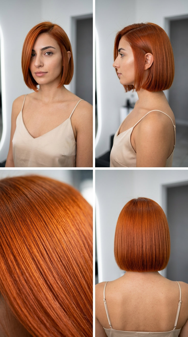 short french bob haircut with bright copper-orange red, laser-cut blunt perimeter, deep side part — professional chic style