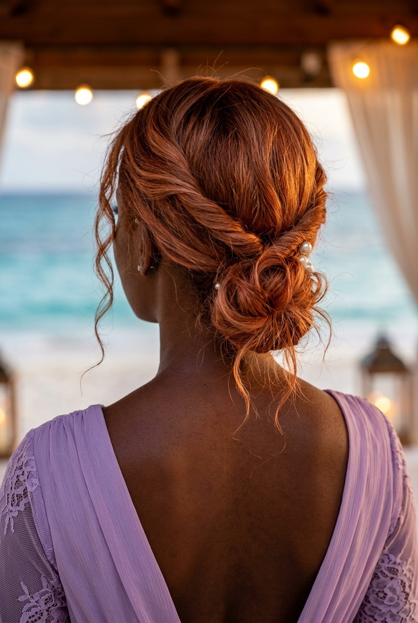 warm copper-red twisted summer half up half down hairstyles 2026 with strawberry blonde highlights, loose low bun, no fringe — romantic date night