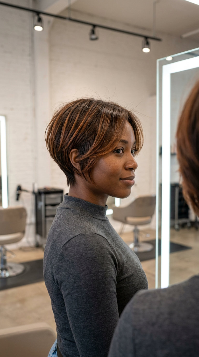 Copper Bixie Haircut 2026 short bixie haircut in copper with balayage babylights, face-framing layers for bohemian vibes
