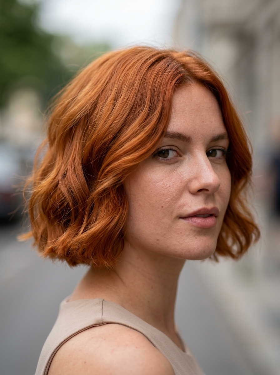 Fiery Copper Italian Bob 2026 short italian bob haircut with vibrant copper & golden babylights, point-cut ends, bold mood