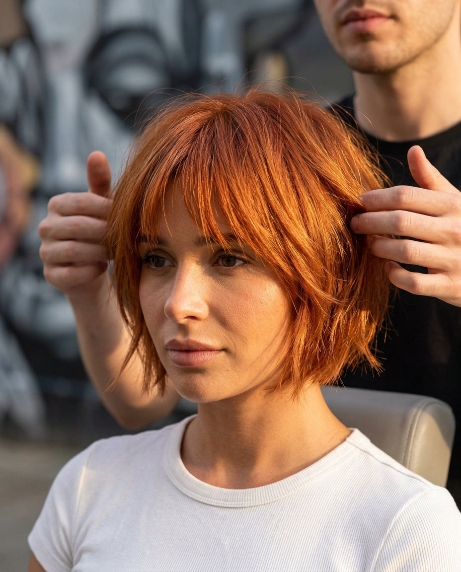 short french bob haircut with vibrant copper penny, strawberry blonde ribbons, shaggy fringe, razor-shaped ends — edgy artistic style