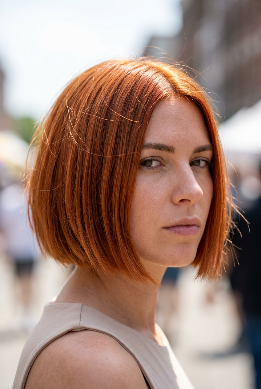 short french bob haircut with vibrant copper penny, strawberry blonde ribbons, razored shattered ends — edgy festival style