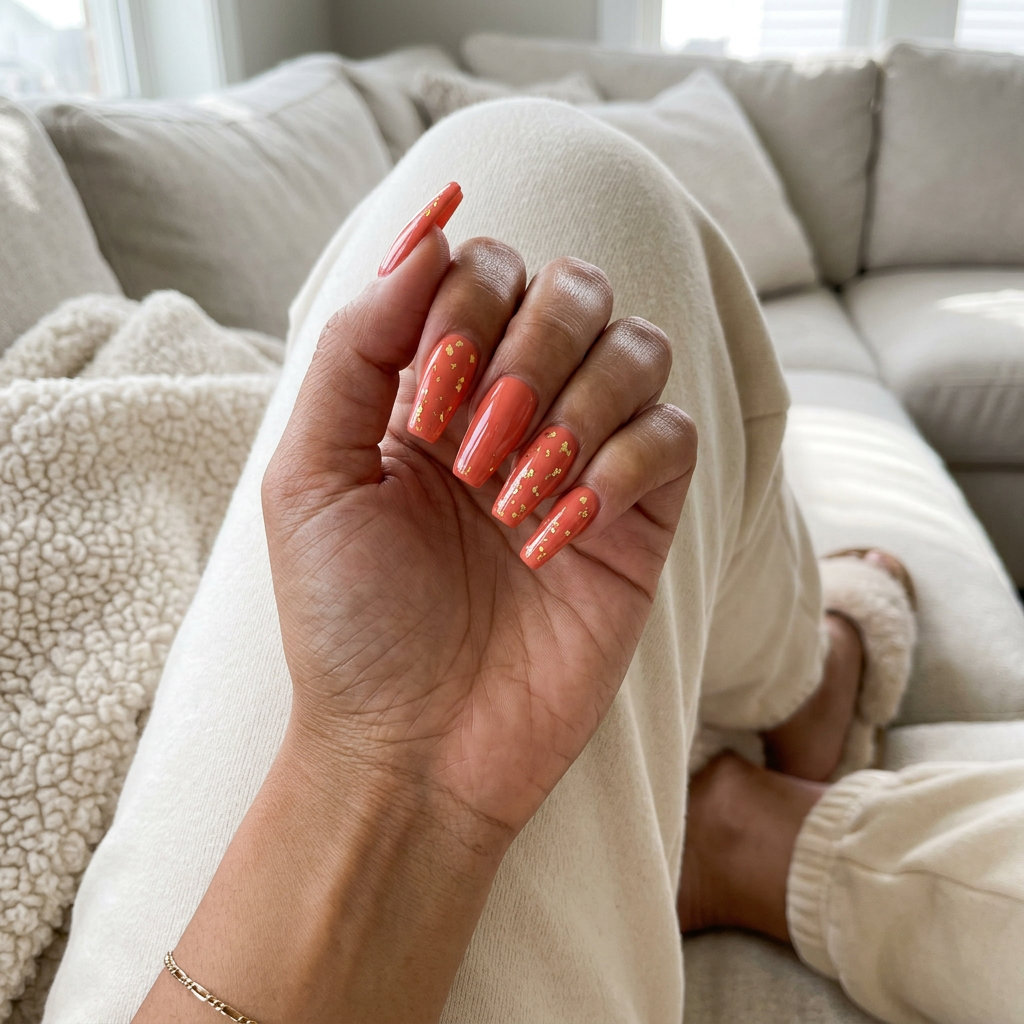 Coral Confetti Coffin summer dip nails 2026: vibrant coral with scattered gold foil flakes on medium coffin nails.