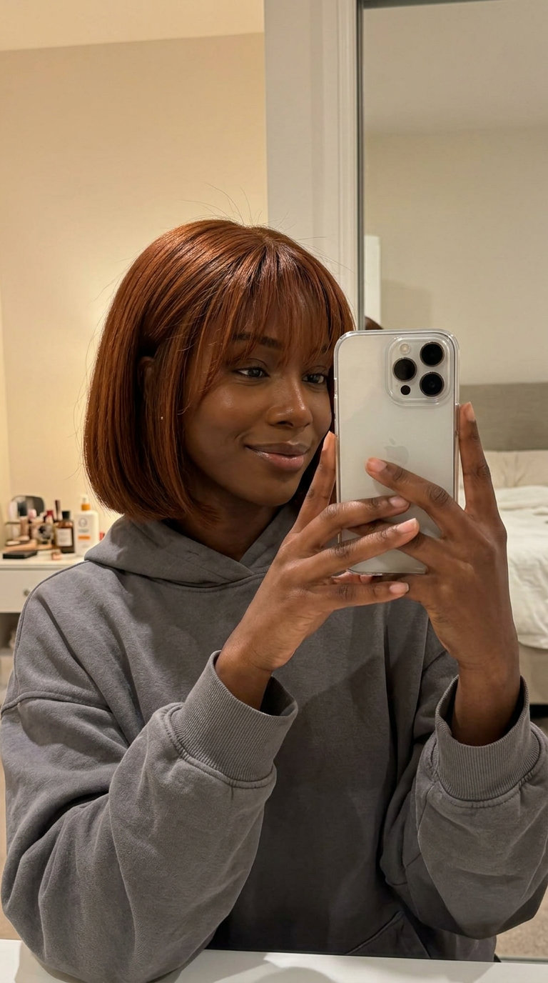 Chic Auburn Bob: Cowboy Copper with Birkin Bangs 2026 chin-length cowboy copper auburn haircut with blunt ends, wispy Birkin bangs for professional