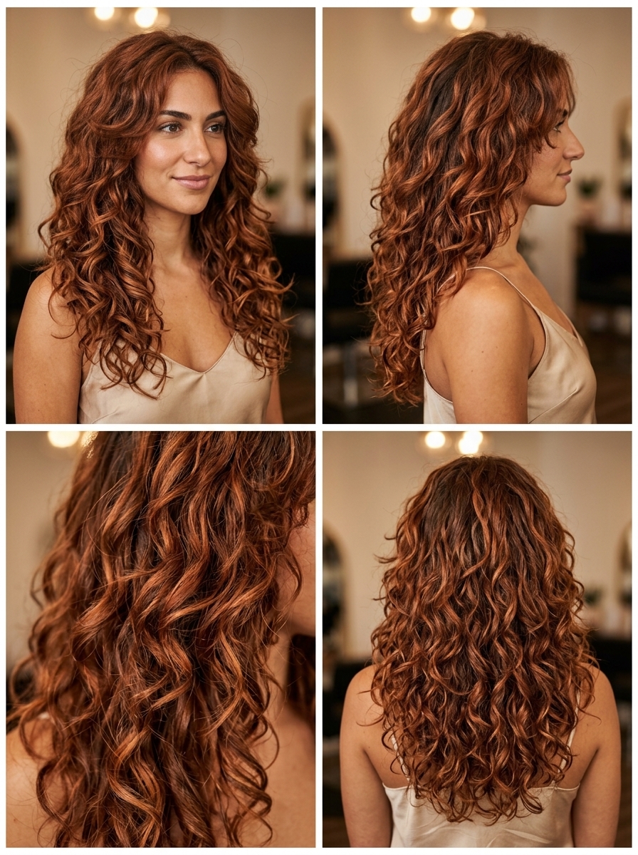 long layered haircut with cowboy copper 2.0 curls, bronze and caramel tones for glamorous style