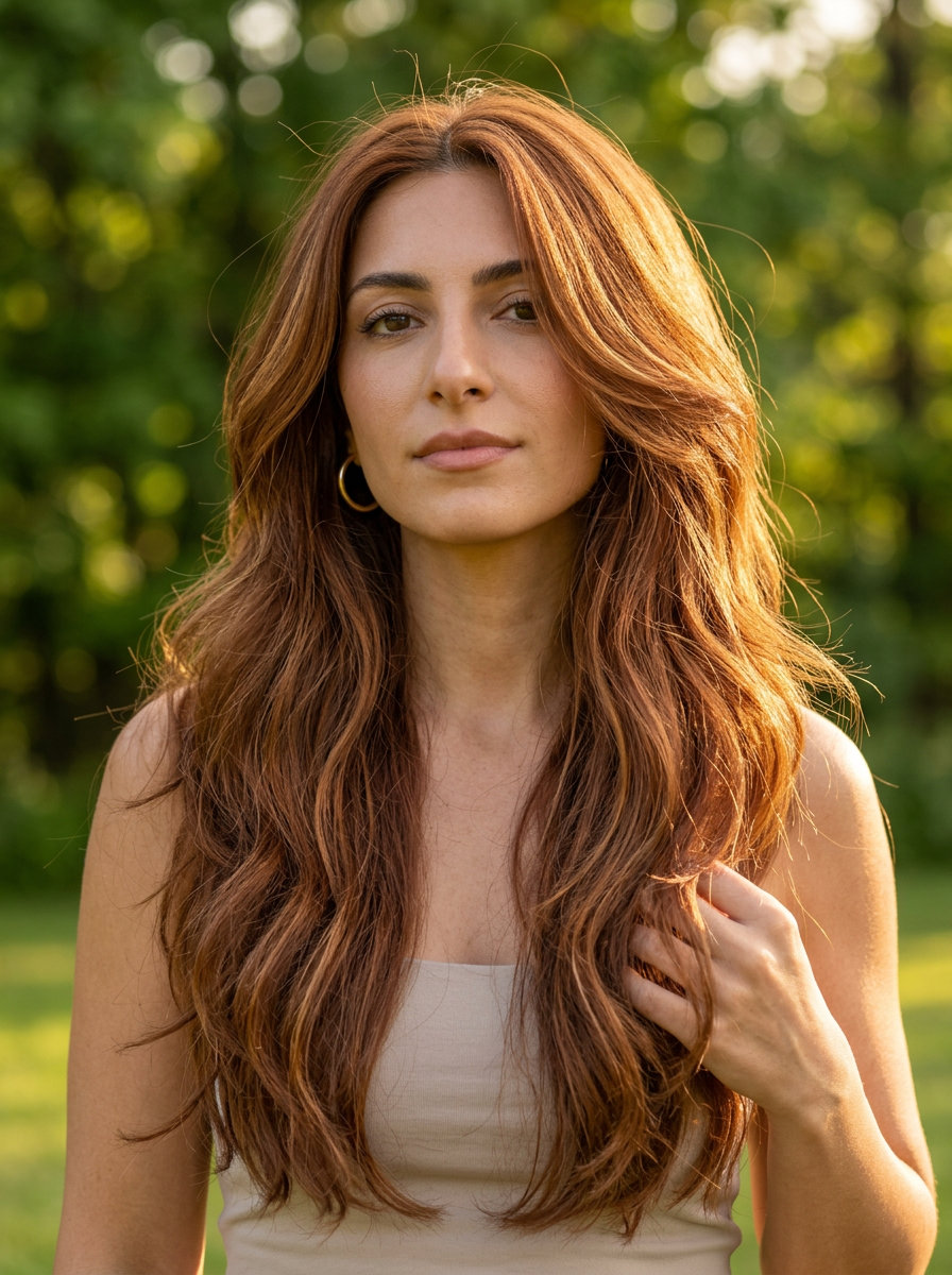 Summer Auburn Hair: Cowboy Copper with Amber Ribbons 2026 long cowboy copper auburn haircut with spiced amber ribbons, face-framing layers for summer
