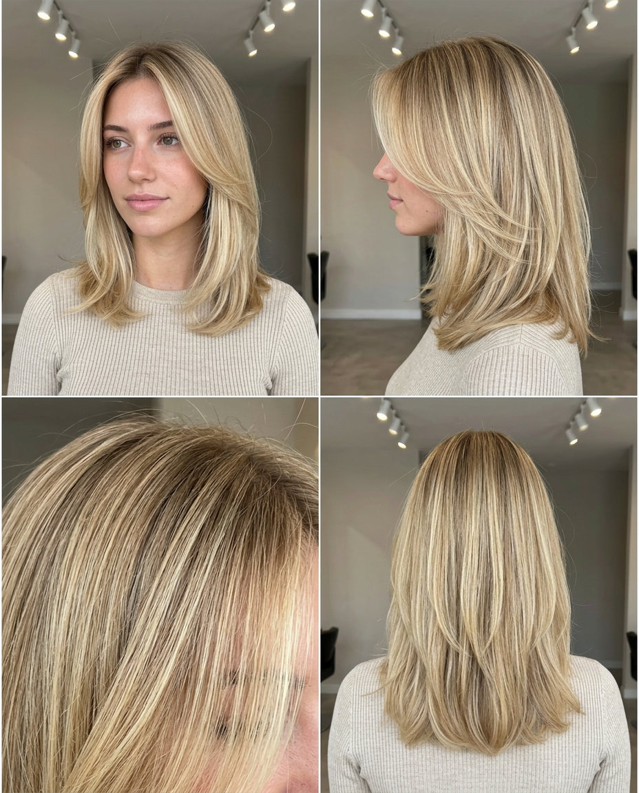 long cream soda blonde hair color with vanilla babylights, root smudge, soft effortless natural glow