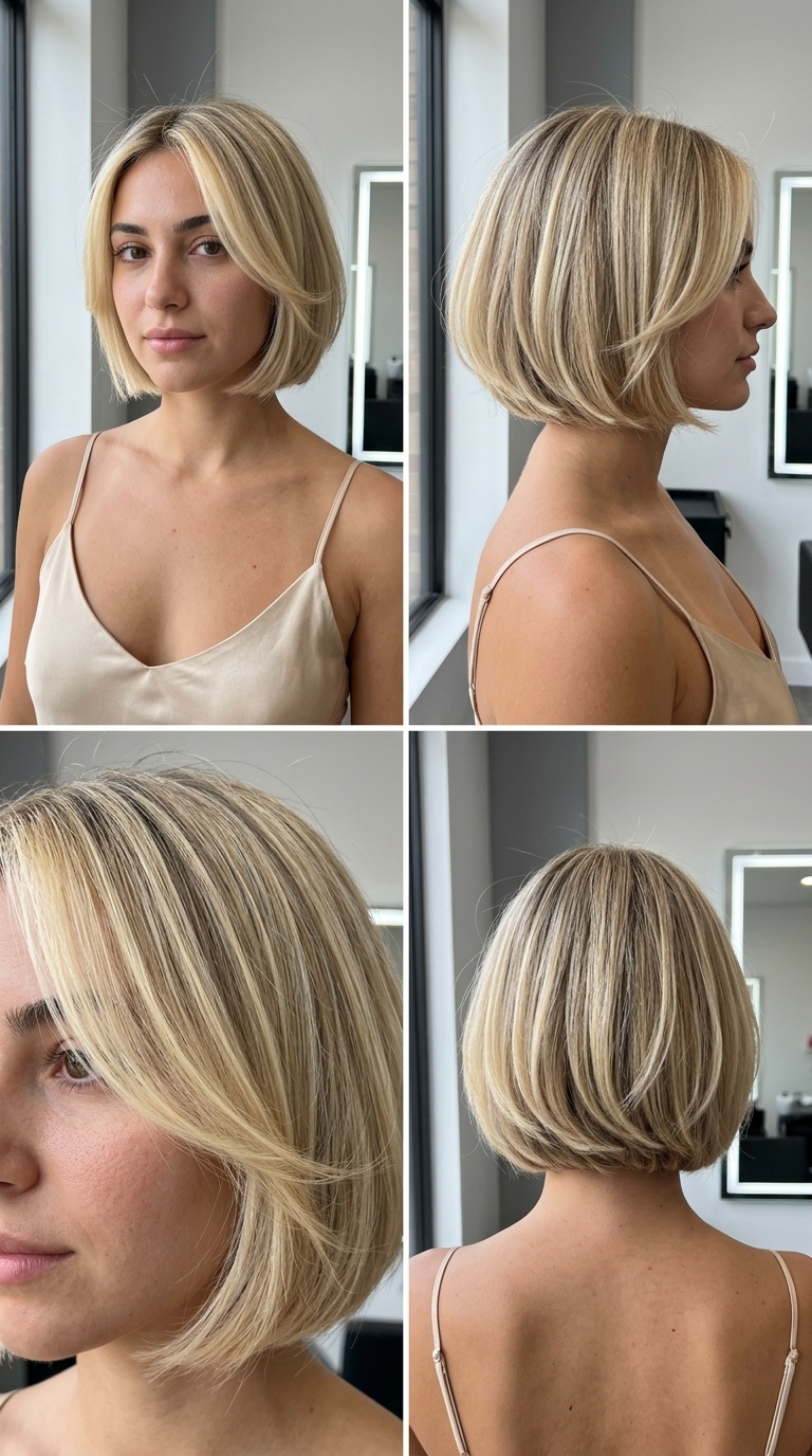 Buttercream Highlight Italian Bob 2026 short italian bob haircut with creamy blonde & buttercream highlights, face-framing layers, playful mood