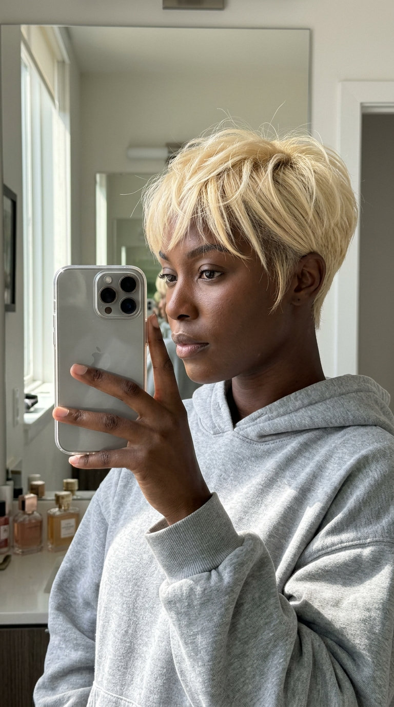 Playful Buttercream Pixie: Bold Summer Haircut 2026 short pixie haircut in creamy blonde with golden babylights, clipper faded sides and wispy bangs — playful summer style