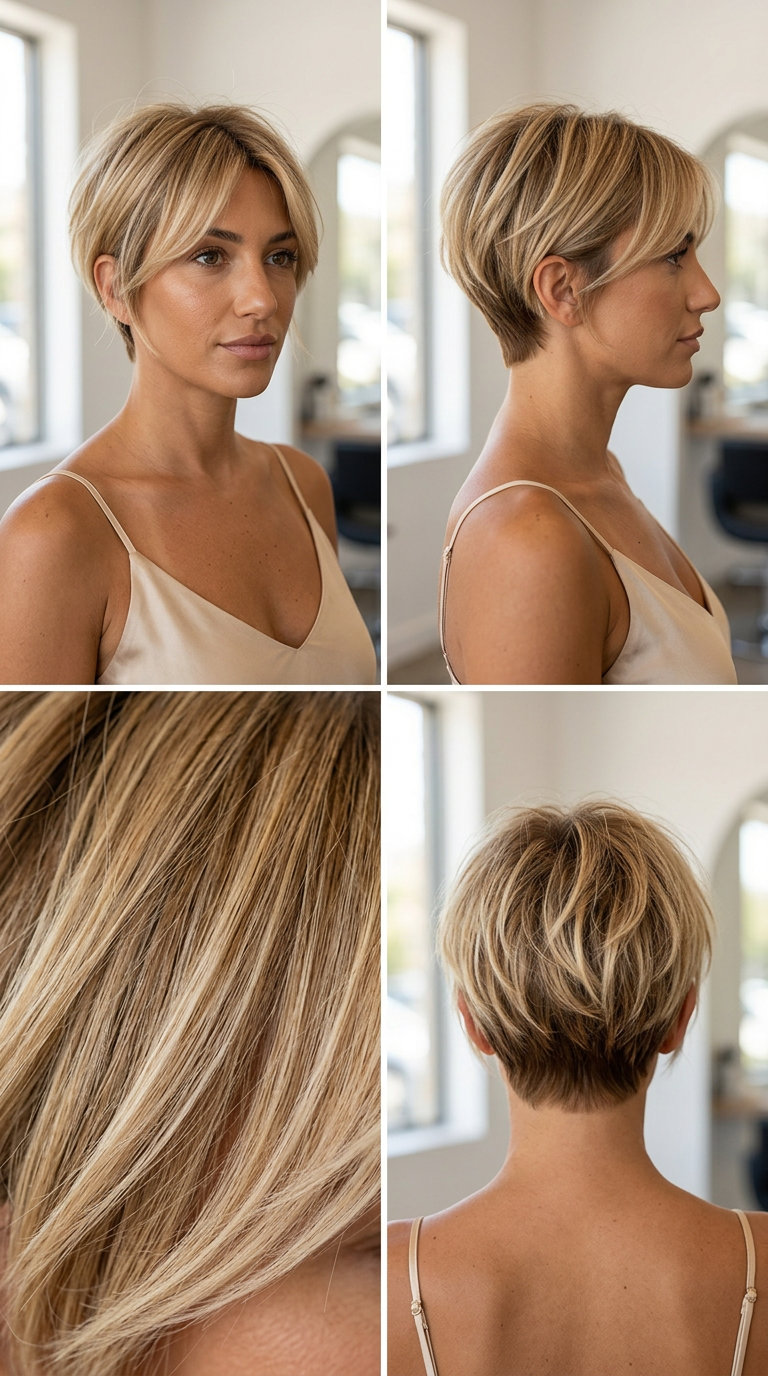 Buttercream Blonde Pixie 2026 short pixie haircut with warm creamy blonde, honey babylights, dark vanilla root, tapered sides — playful edgy style