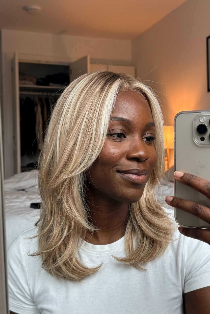 medium creamy blonde layered haircut with Scandi hairline and root smudge