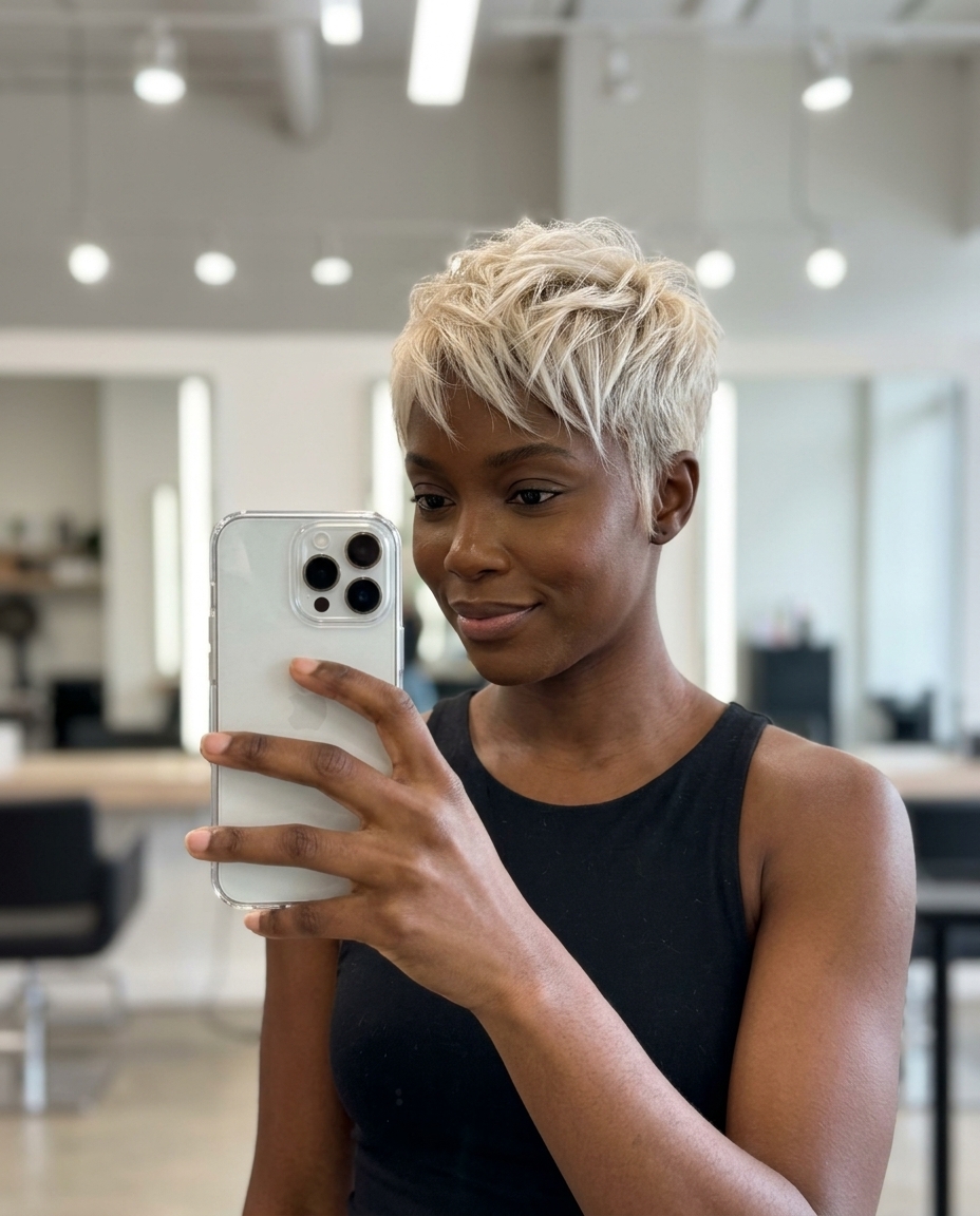 very short pixie haircut in creamy platinum blonde, razored texture and micro-fringe for glamour