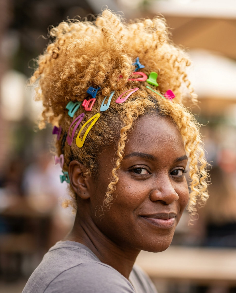 medium pineapple pop with crème brûlée blonde clip-ins for playful looks