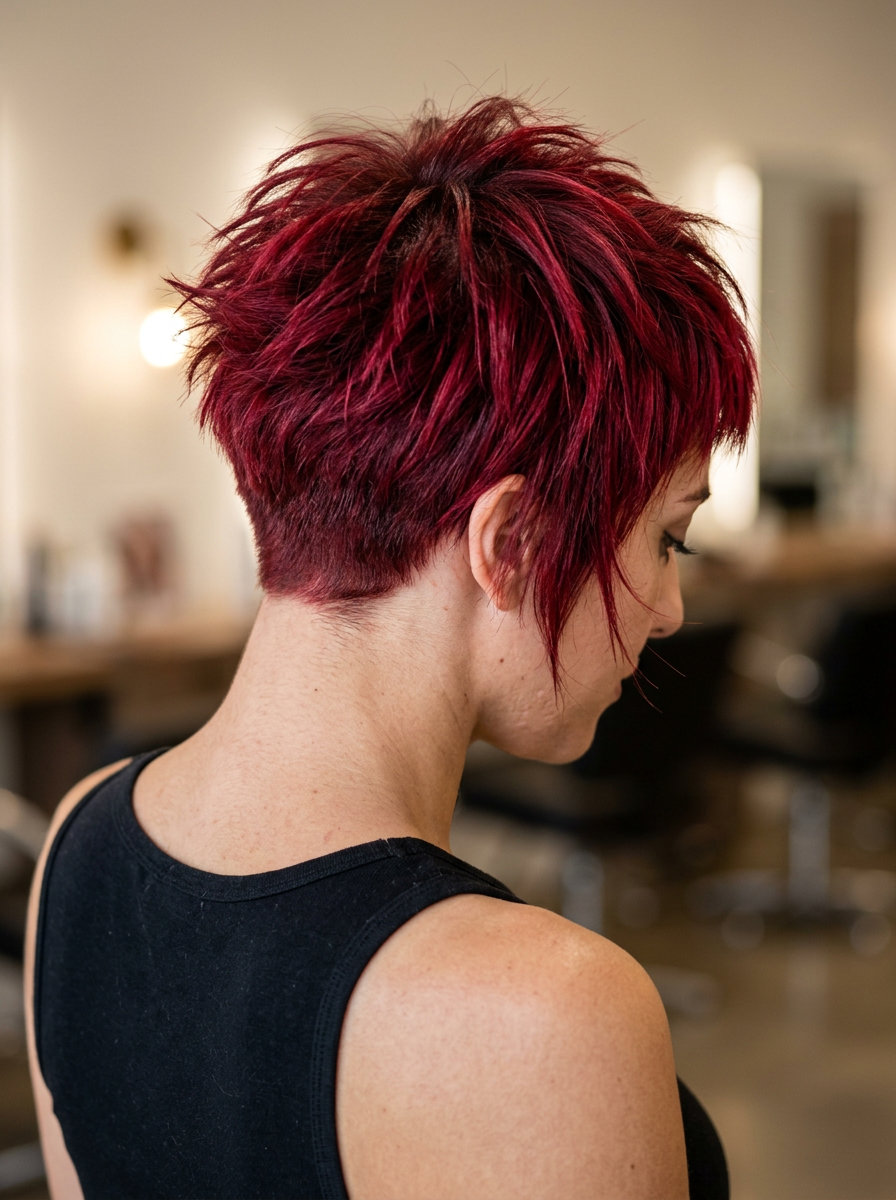 Crimson Punk Bixie Haircut 2026 short crimson red bixie haircut with spiky texture and razored fringe for summer 2026