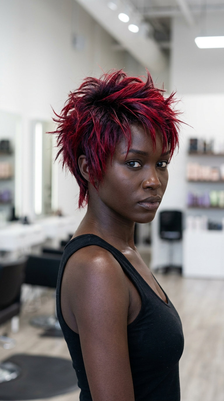 Intense Crimson Red Bixie Haircut 2026 short crimson red bixie haircut with violet undertones and dark roots for summer 2026