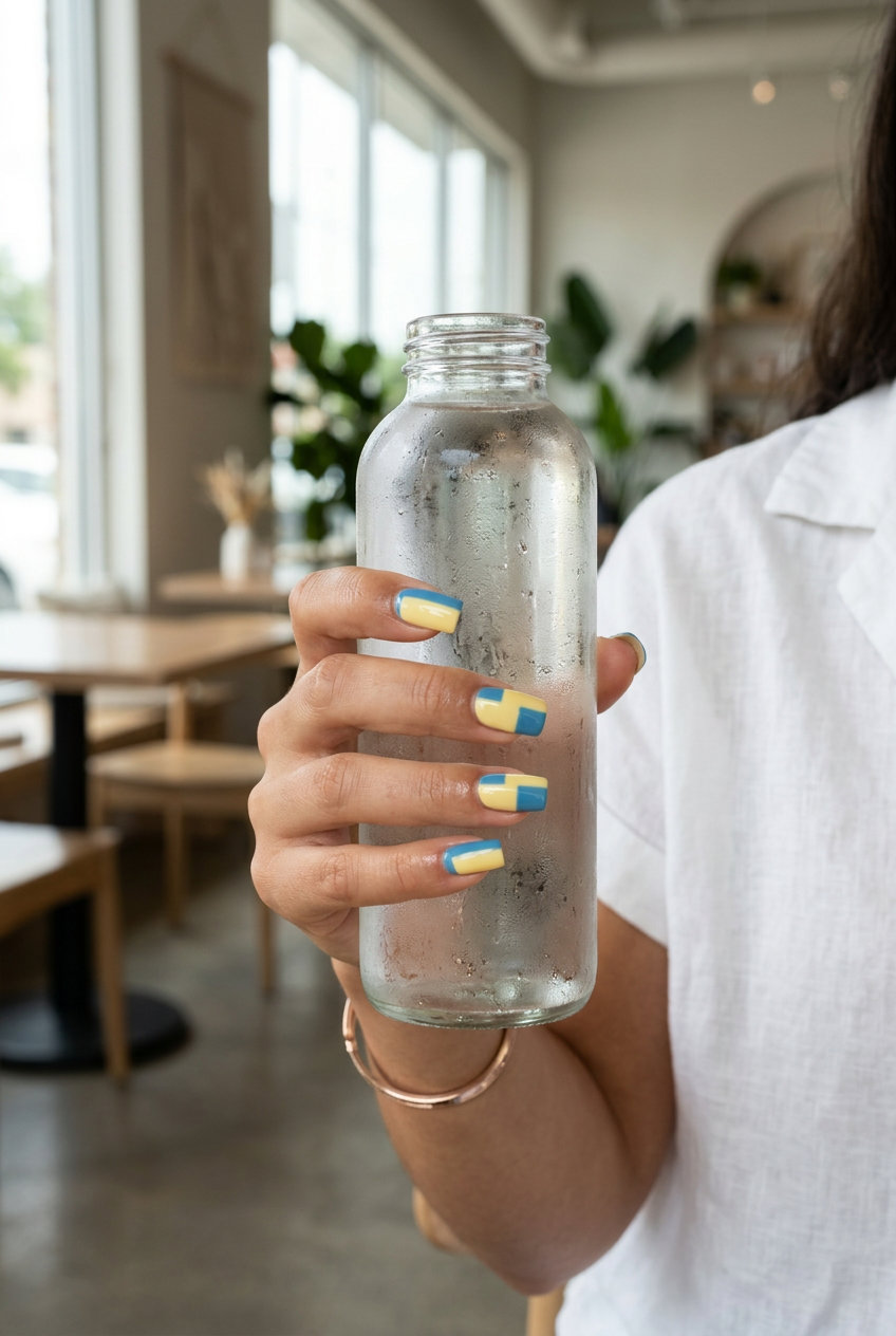 Art Deco blocks butter yellow & cerulean on square nails, a sophisticated choice for cute summer nails 2026.
