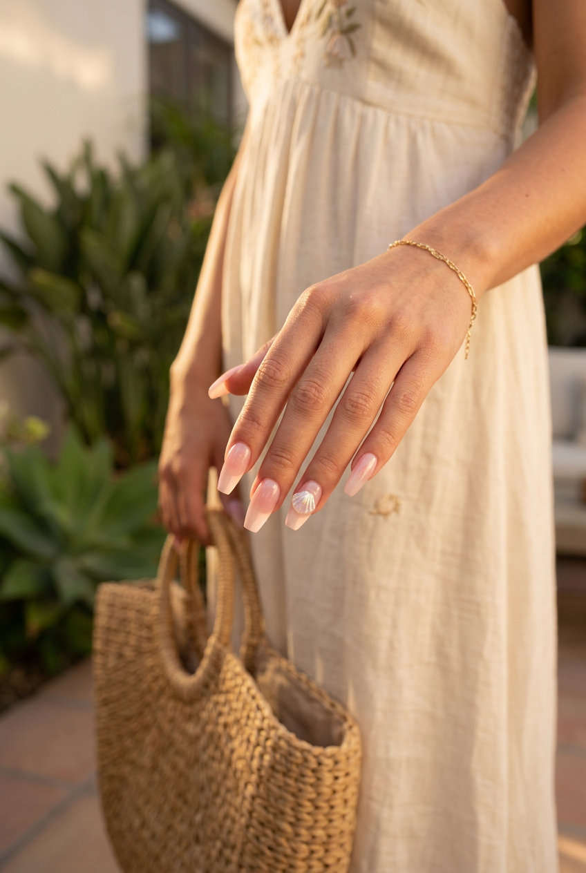 Beach babe 3D shell charms on oval nails, a whimsical option for cute summer nails 2026 and festivals.