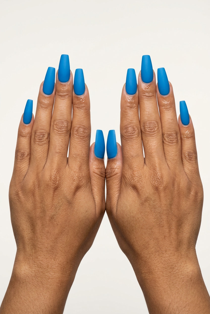 Cute summer nails 2026: Cerulean blue velvet matte finish on short to long nails for a sophisticated casual look.