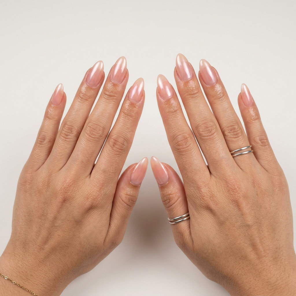 Dewy peach glaze almond nails, a romantic choice for cute summer nails 2026 and work.