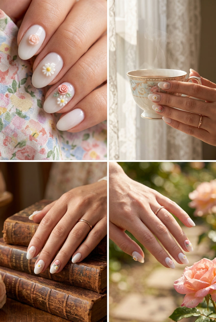 Romantic milky white nails with 3D floral charms for weddings or bridal showers. Cute summer nails 2026.