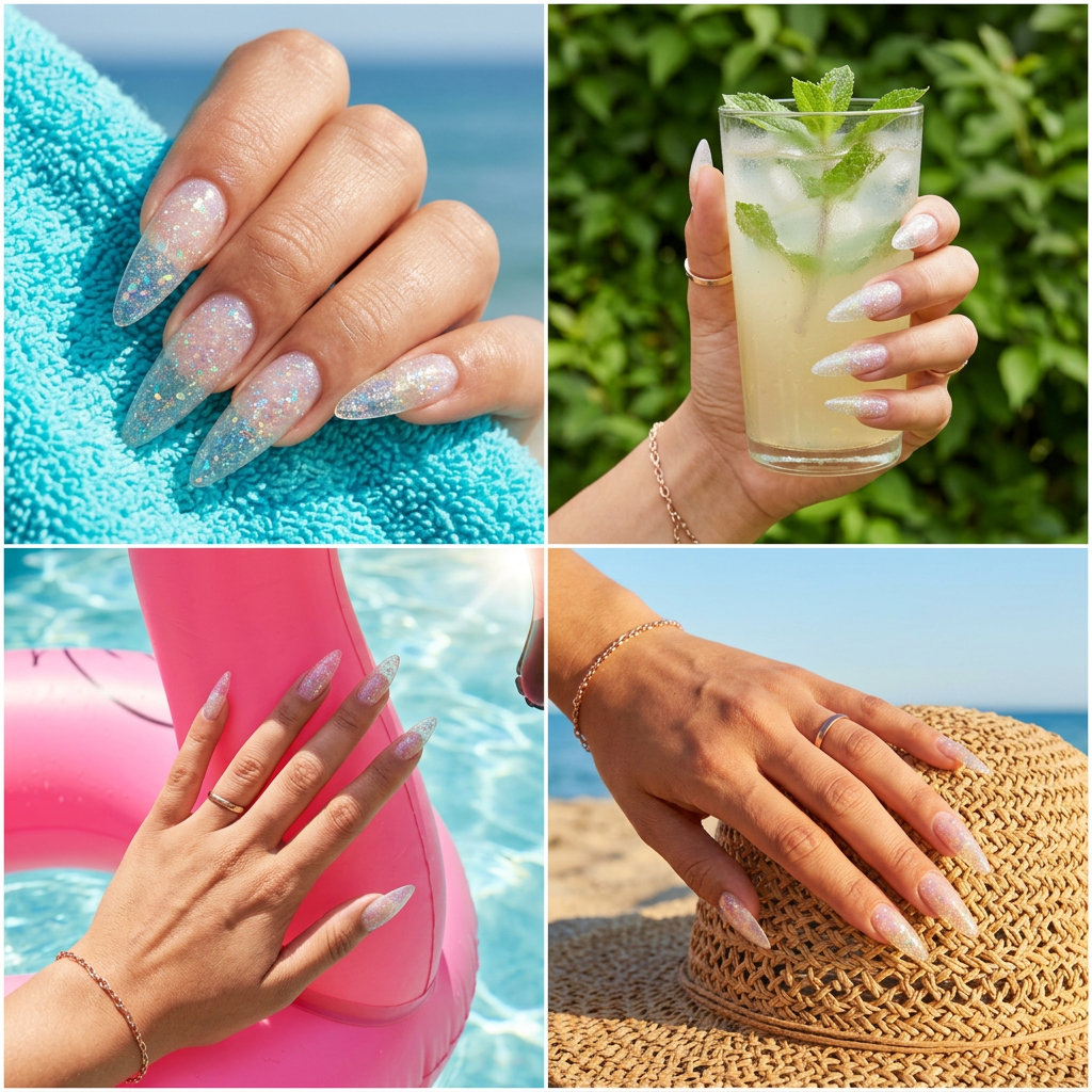Cute summer nails 2026: Crystal glitter stiletto sparkle with clear jelly and iridescent holographic flakes for festivals.