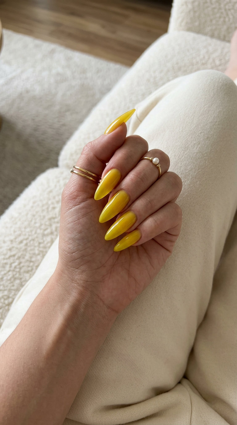 Playful butter yellow jelly stiletto nails for vacation or date night. Cute summer nails 2026.