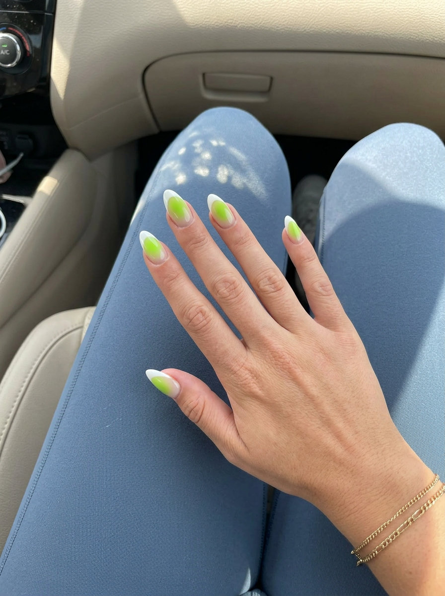 Edgy lime green aura French tip nails for festivals or date nights. Cute summer nails 2026.