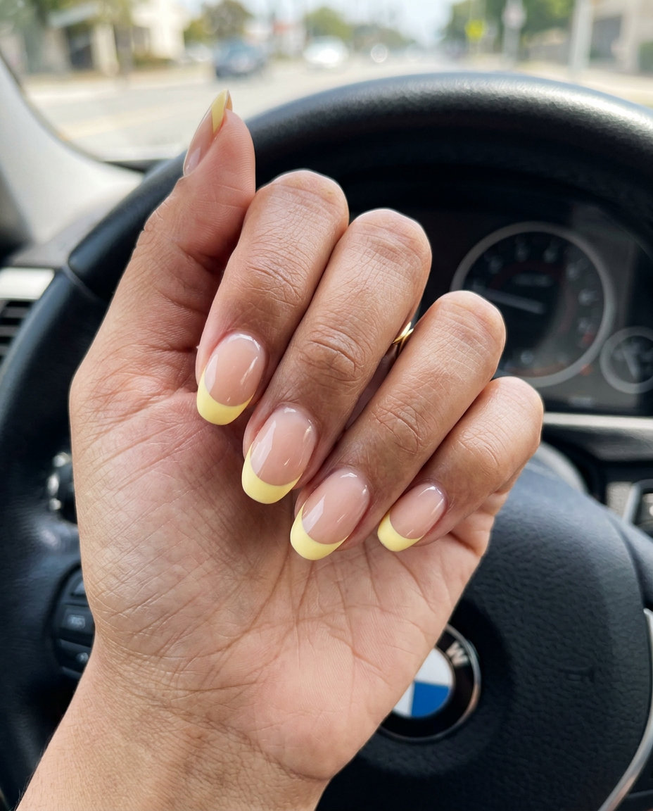 Butter yellow matte French tips on glossy nude base, a retro choice for cute summer nails 2026.