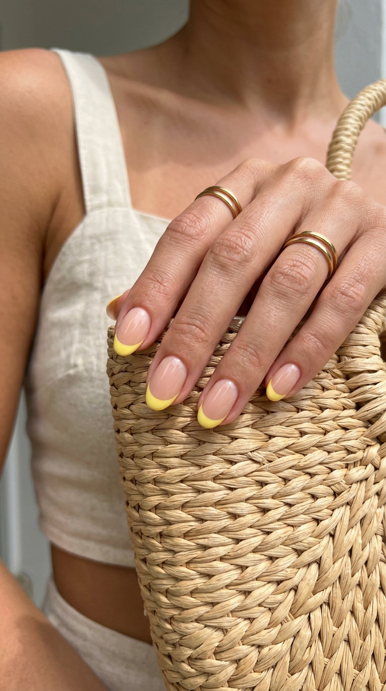 Whimsical butter yellow reverse French nails for vacation or festivals. Cute summer nails 2026.