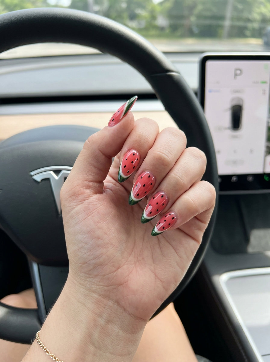 Watermelon slice stiletto nails, a fun choice for cute summer nails 2026 and vacation.
