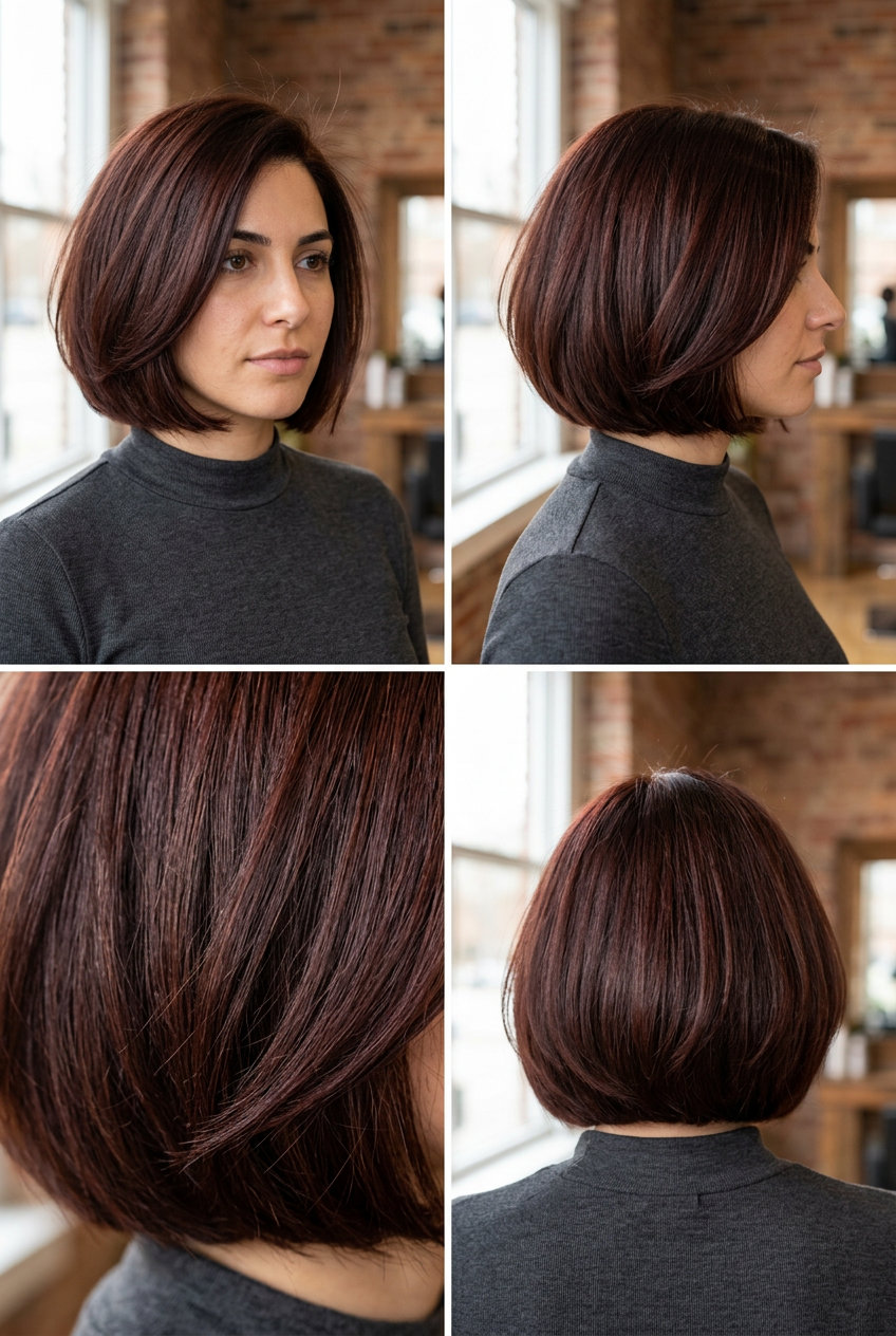 Sophisticated Auburn Bob: Dark Mahogany Italian Style 2026 chin-length dark auburn haircut with mahogany undertones, blunt Italian bob for sophisticated
