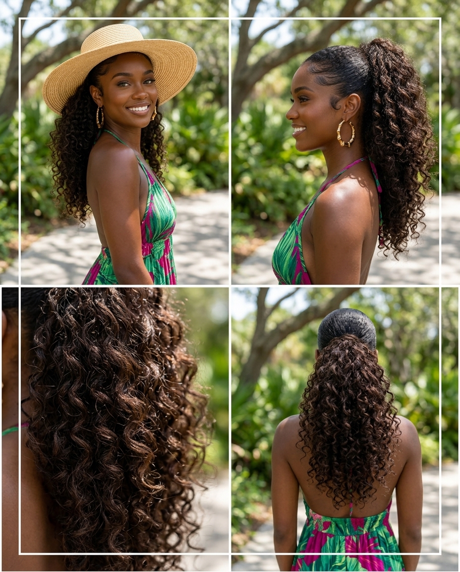 long dark brown curly ponytail with high shine for summer