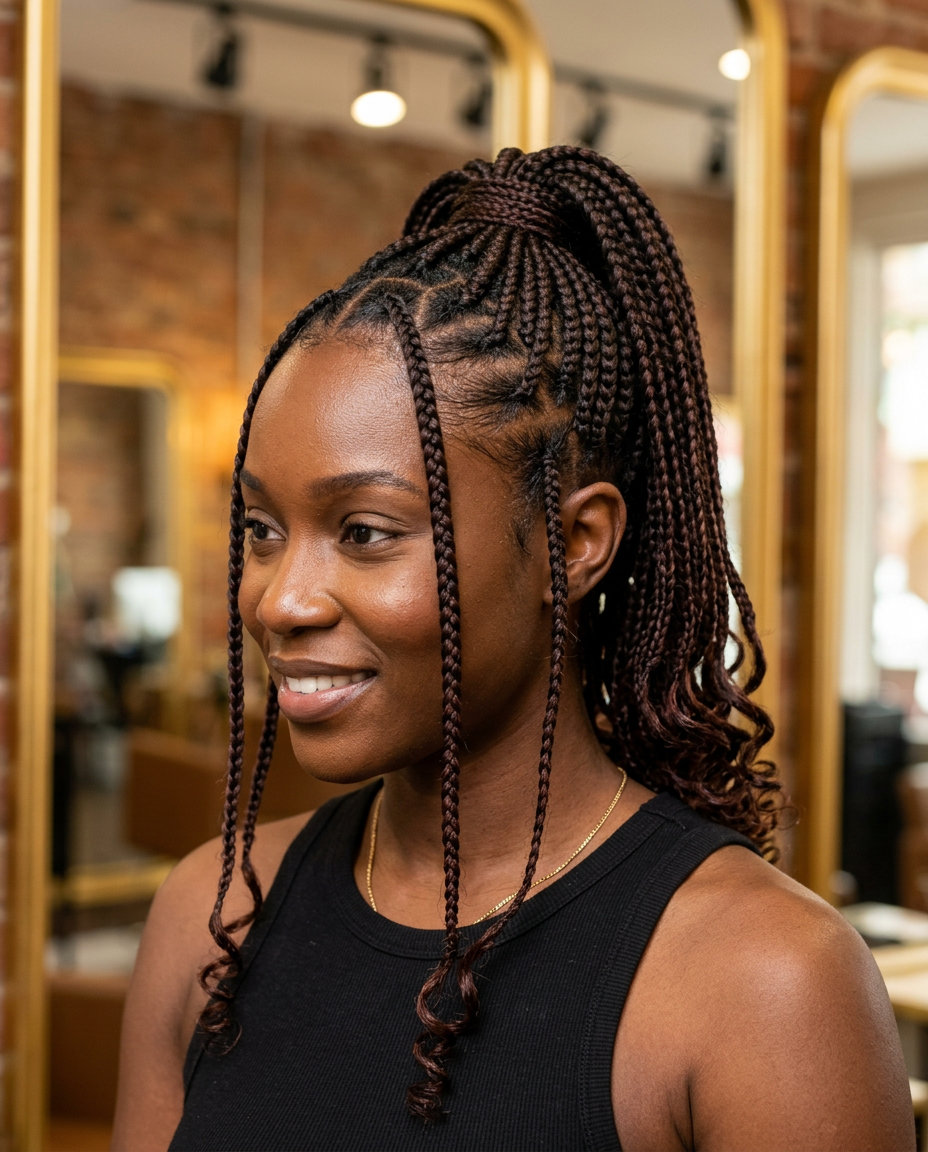 medium-length knotless braids with dark brown to black for summer