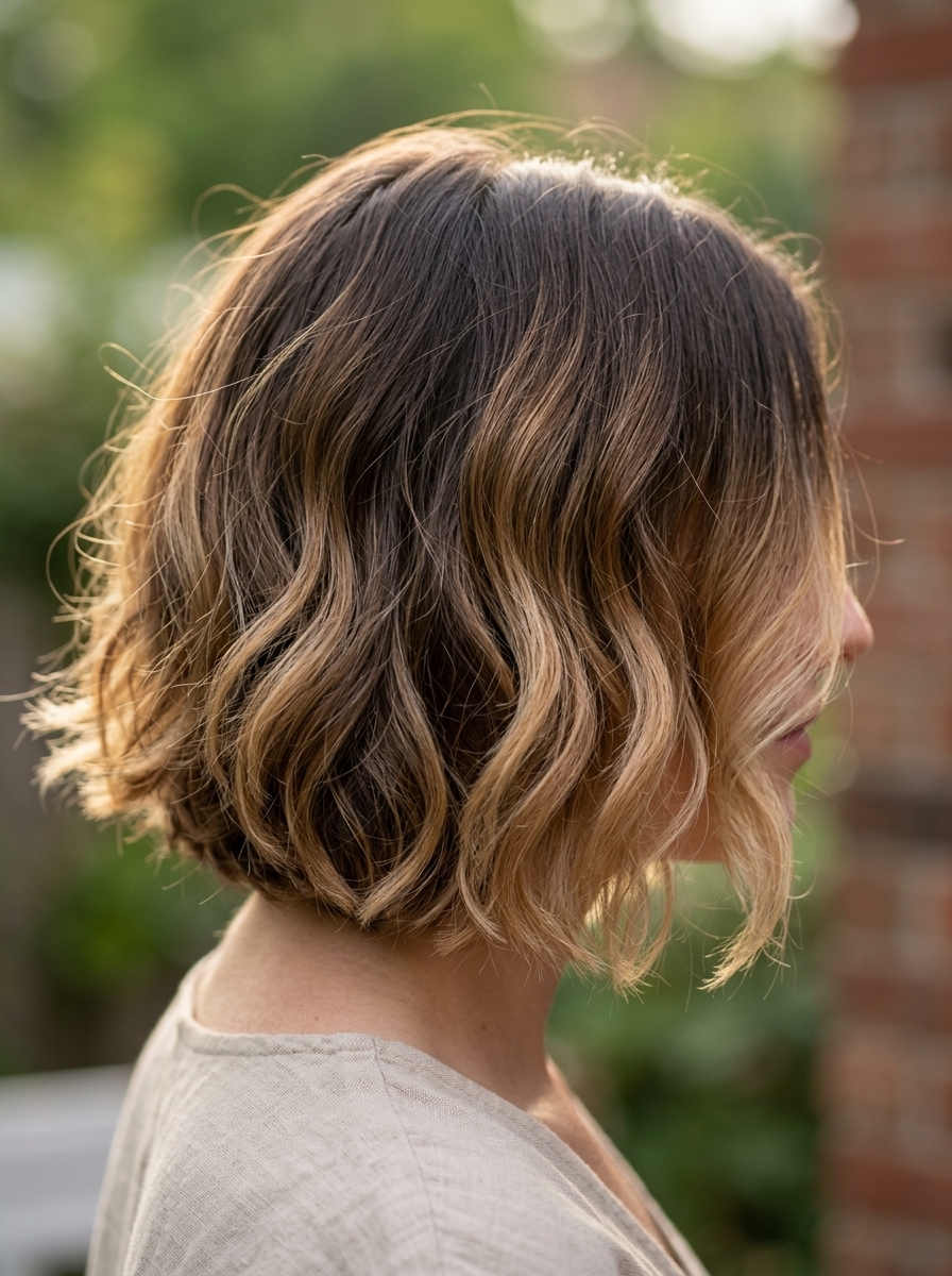 Ombré Italian Bob: Sun-Kissed Waves 2026 short italian bob haircut in dark brunette with caramel and honey ombré, soft layers, no fringe — relaxed and bohemian