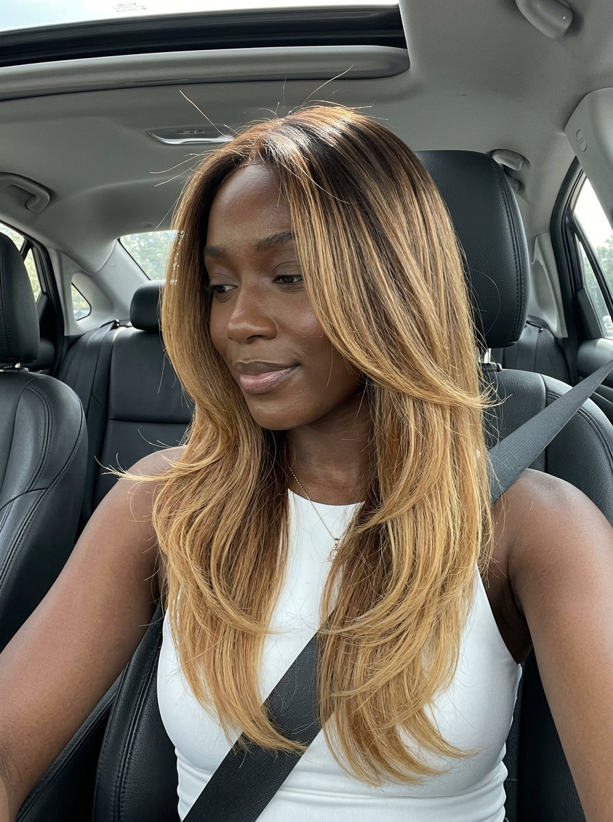long haircut in dark chocolate to honey blonde ombré, soft seamless layers, U-shape back — relaxed summer haircut for round face 2026