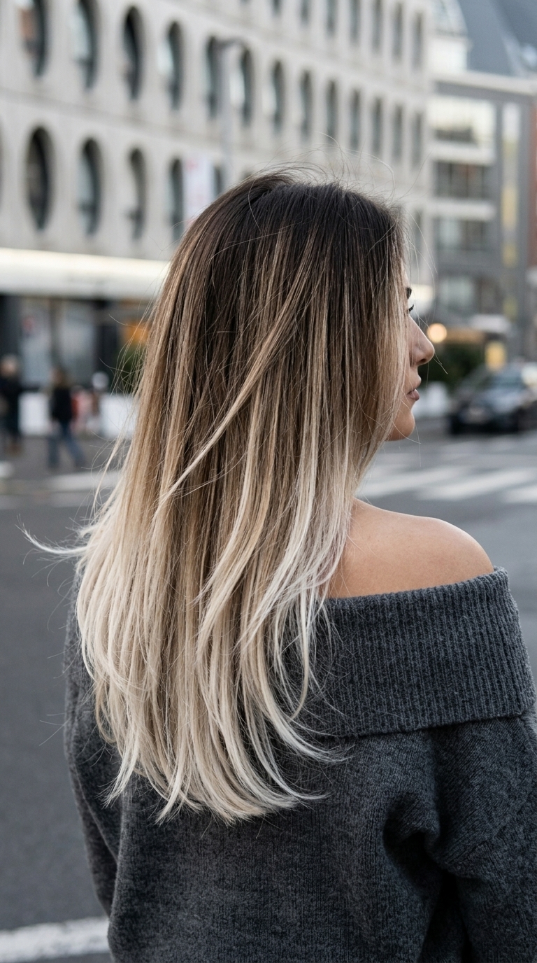 Toasted Coconut Balayage 2026: Edgy Summer Hair long layered dark chocolate to platinum blonde balayage, high-contrast melt for summer 2026