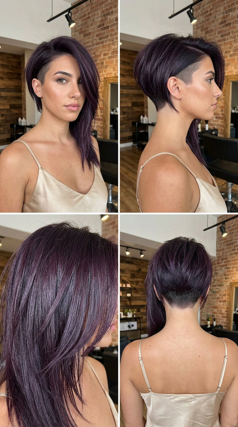 short asymmetrical deep amethyst haircut with shaved undercut and textured longer top for edge