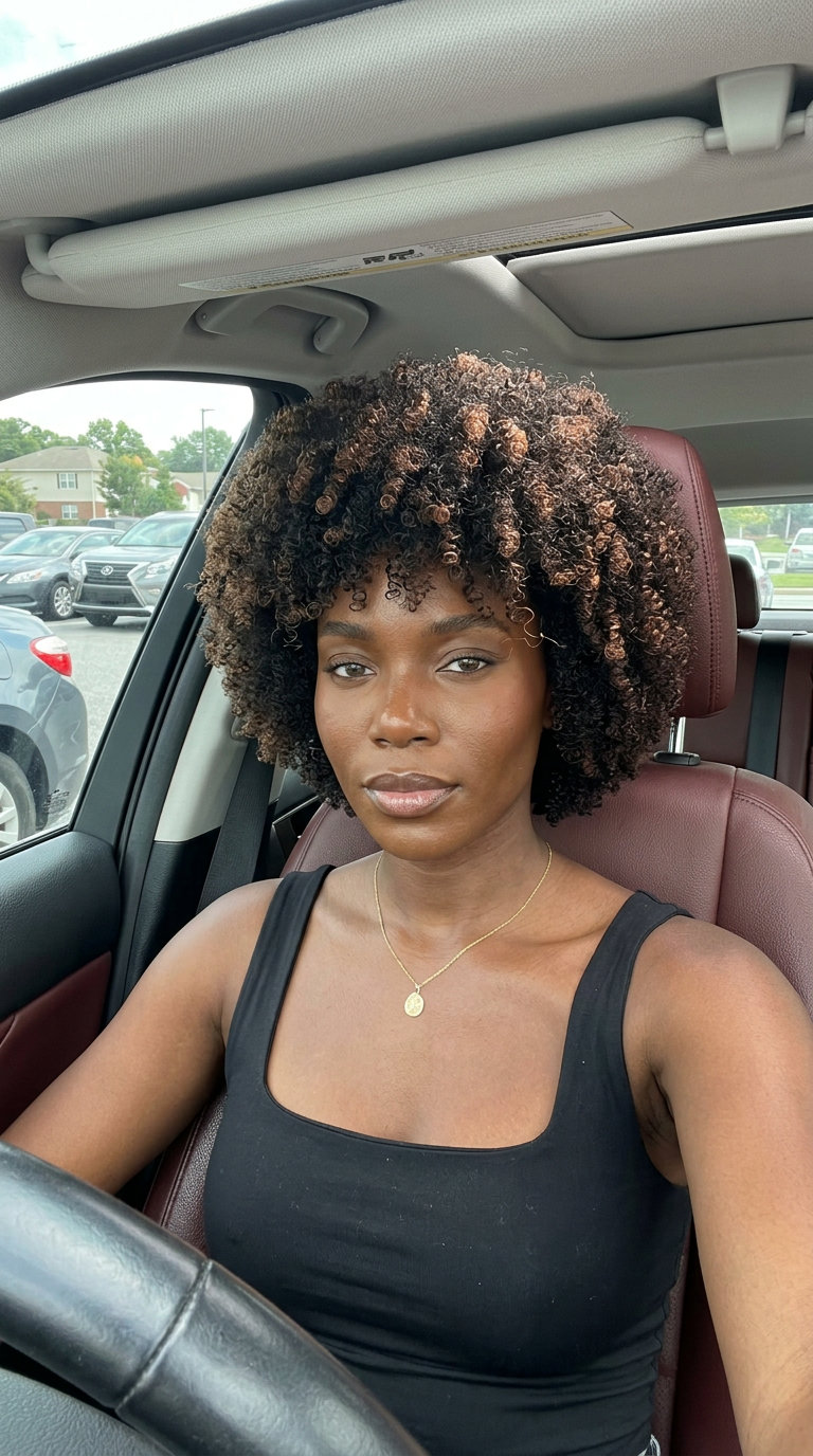 Sculpted Summer Afro: Natural Hair 2026 short sculpted afro in deep brown with auburn babylights, rounded perimeter, no fringe — bold natural look