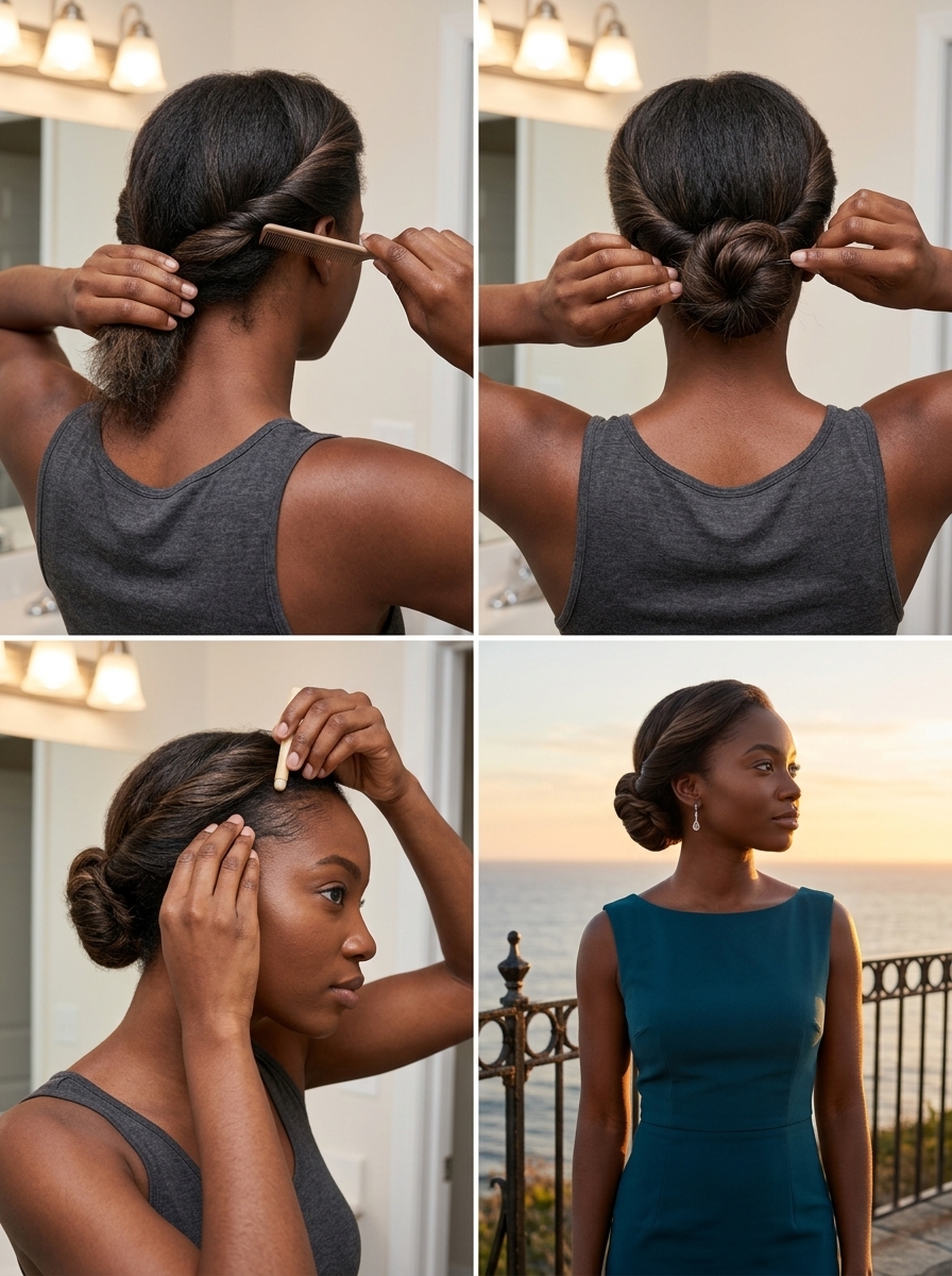 long deep cool brunette twisted half up half down with subtle highlights, low bun for formal occasions