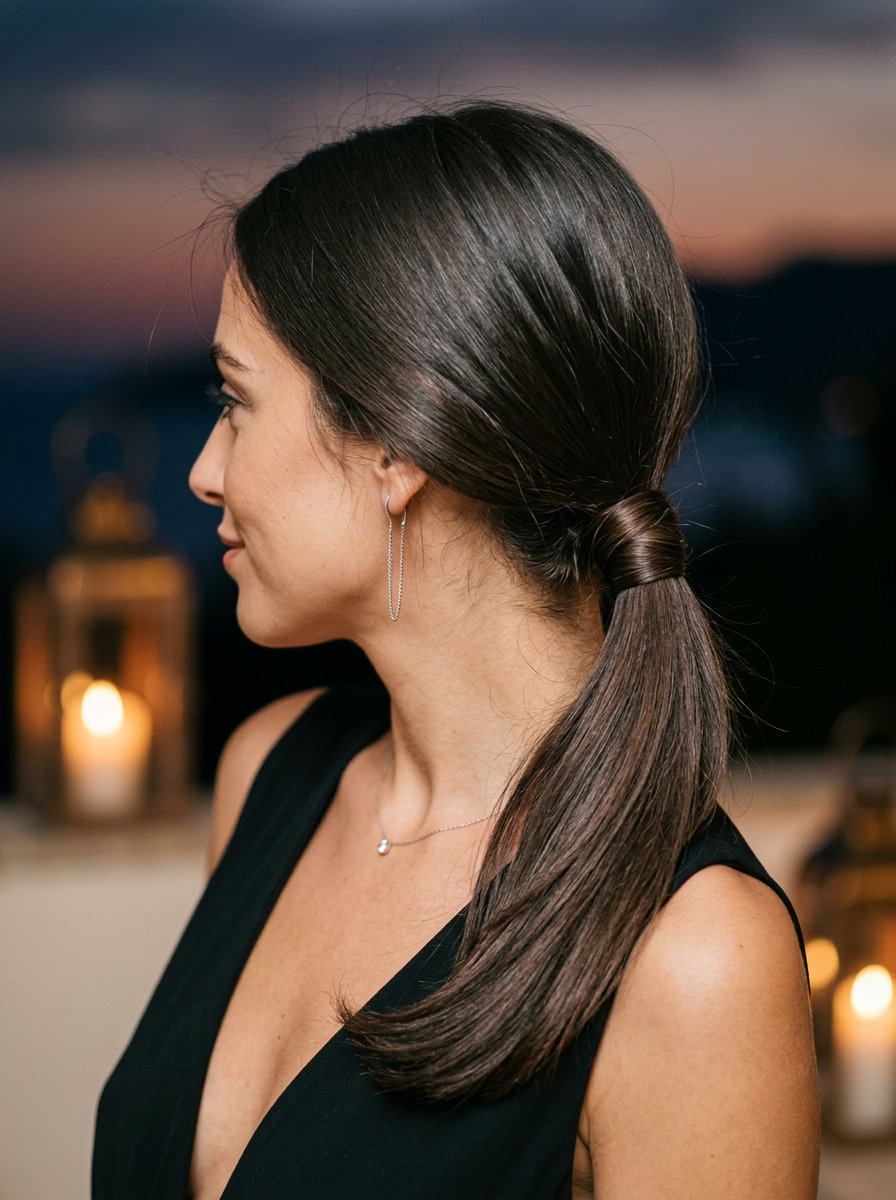 long deep brunette french wrap ponytail with high gloss for summer