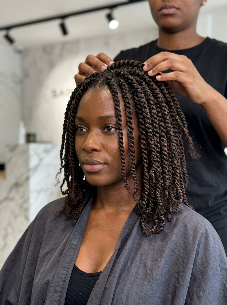 long deep brunette sculpted twists with undercut nape and sides for vacation