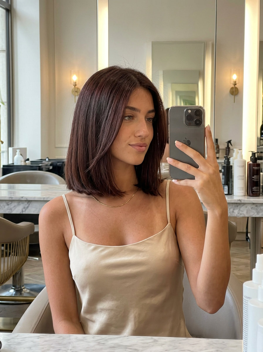 deep chocolate brown hair color with warm red undertones, gloss bottling technique for summer 2026
