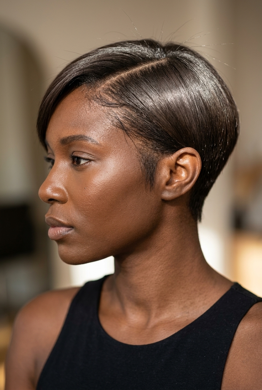 very short pixie haircut in deep cool brunette, blunt cut and side-swept fringe for sleekness