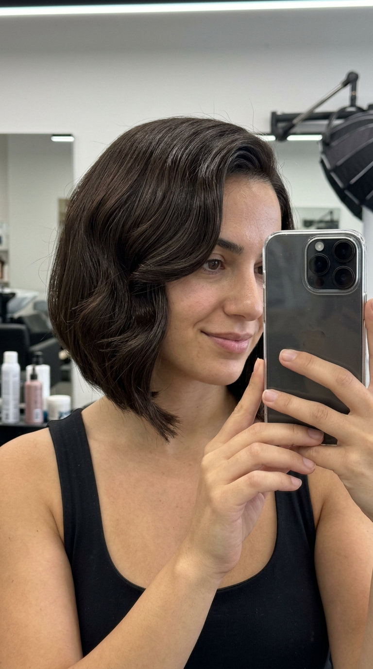chin-length deep espresso brunette bob with sculpted curls and A-line angle for formal event