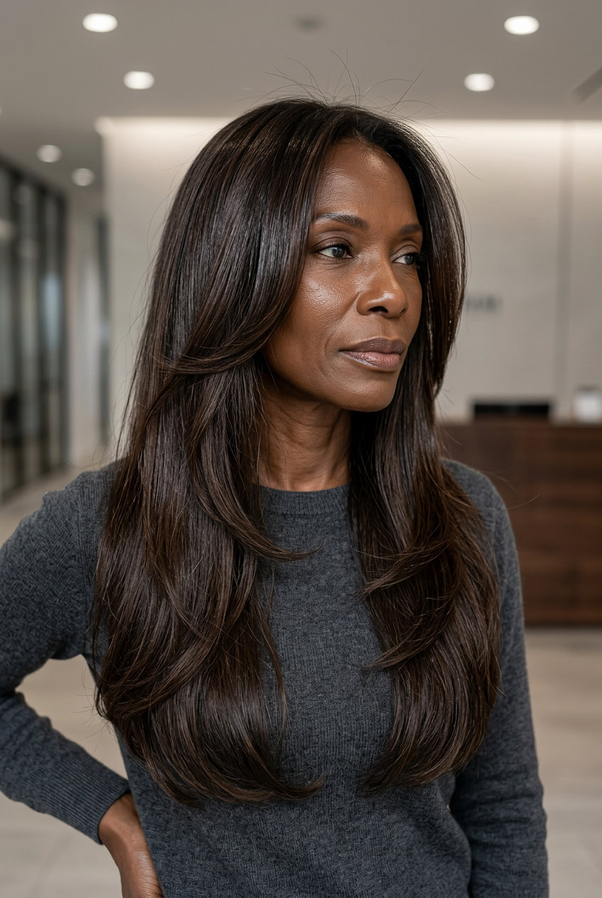 long layered haircut with deep espresso & mocha undertones, face-framing layers for summer