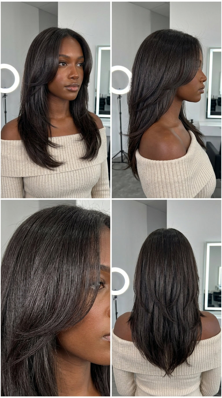 long-medium butterfly haircut with deep espresso brunette, sculpted internal layers, face-framing — sophisticated professional event